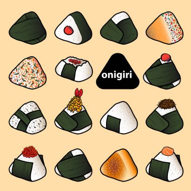 pastel kırmızı zemin üzerine izole renkli onigiri 15 stilleri.