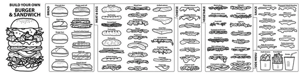 Sor elszigetelt összetevők építeni a saját burger és a sandwi — Stock Vector