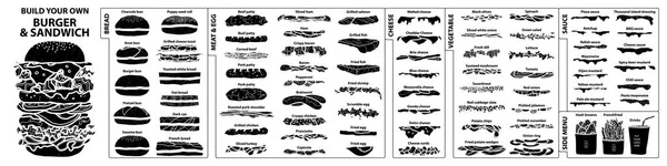 Sor elszigetelt összetevők építeni a saját burger és a sandwi — Stock Vector