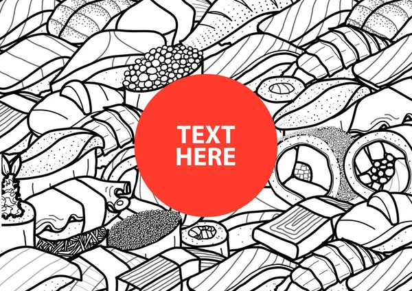 Cercle rouge avec du texte au centre de beaucoup de sushi and roll i — Image vectorielle