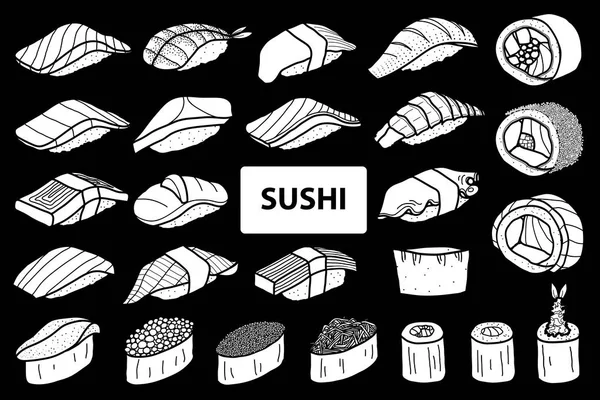 Set de 25 sushi y rollo de silueta blanca aislada. lindo japanes — Vector de stock