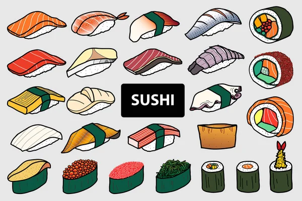 Σύνολο 25 απομονωμένες πολύχρωμο σούσι και ρολό. Χαριτωμένο Ιαπωνικά τροφίμων h — Διανυσματικό Αρχείο