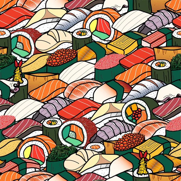 Άφθονο πολύχρωμο σούσι και ρολό. Χαριτωμένο Ιαπωνικά τροφίμων χέρι — Διανυσματικό Αρχείο