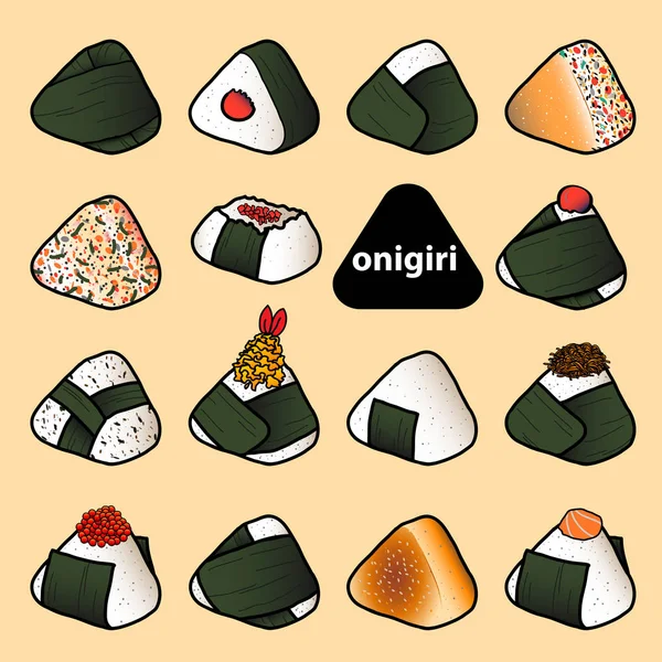 15 estilos de onigiri colorido aislado sobre fondo rojo pastel . — Vector de stock