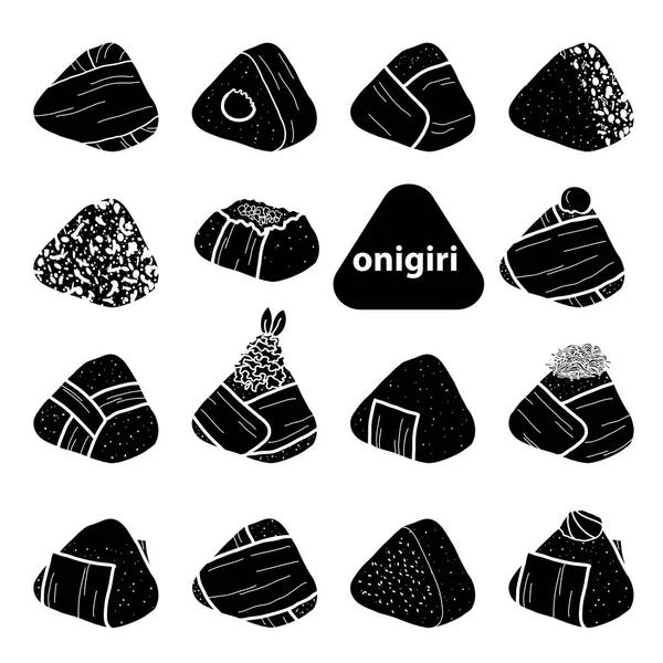 15 estilos de silhueta isolada onigiri no fundo branco. Sim. — Vetor de Stock