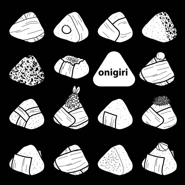15 styles of isolated white silhouette onigiri on black backgrou — Stock Vector
