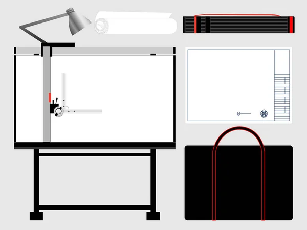 Ensemble d'outils architecturaux isolés, table de dessin. Illustration vectorielle . — Image vectorielle