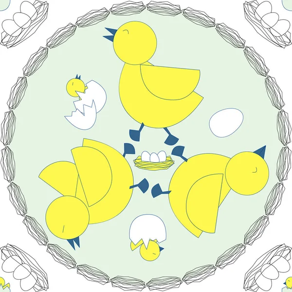 Körforgalom 3 sárga madarak, a tojás és a pasztell kék az újszülöttek — Stock Vector