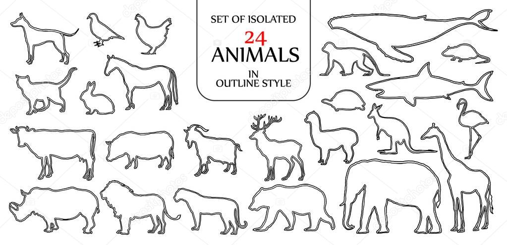 Set of isolated 24 animals illustration in double black outline style for logo, icon or background design with blank space for text.