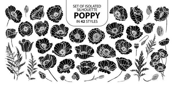 Verzameling van geïsoleerde silhouet papaver in 42 stijlen. Schattig hand getrokken v — Stockvector