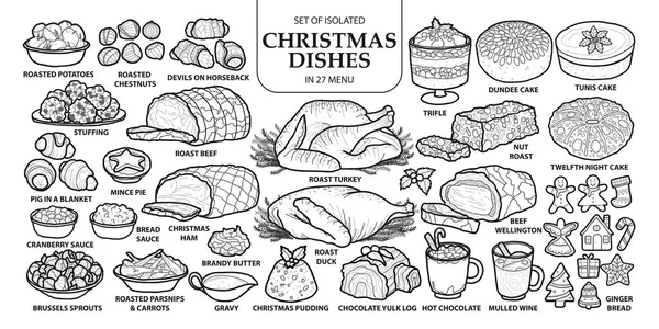 Verzameling van geïsoleerde traditionele kerst gerechten in 27 menu. Leuke ha — Stockvector