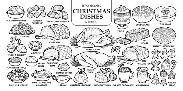 Reihe isolierter traditioneller Weihnachtsgerichte in 27 Menüs. niedlich ha — Stockvektor