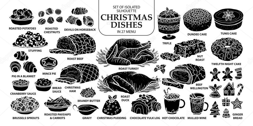 Set of isolated silhouette traditional Christmas dishes in 27 me