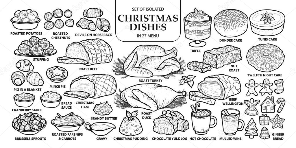 Set of isolated traditional Christmas dishes in 27 menu. Cute ha