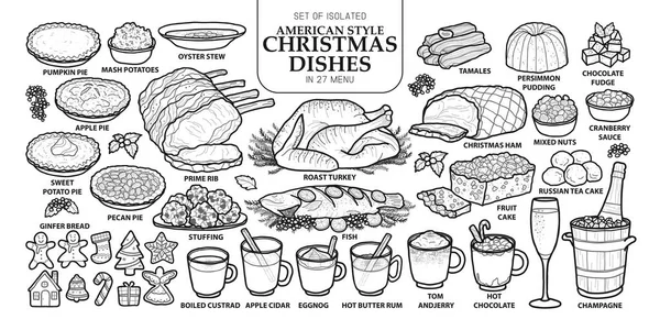 Reihe von isolierten traditionellen Weihnachtsgerichten im amerikanischen Stil in 27 Menüs. niedlich ha — Stockvektor