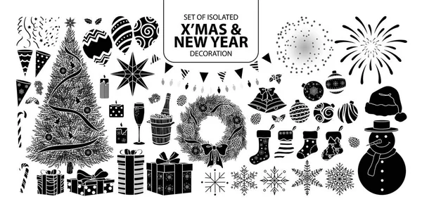 Set of isolated silhouette decoration for Christmas and New year — Stock Vector