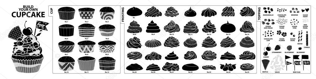 Set of isolated silhouette cups, frosting and toppings for build