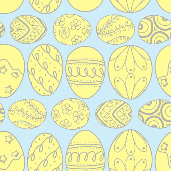 Easter eggs in gray outline and yellow plane line up. — Stock Vector