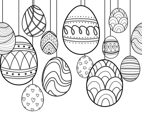 Huevos de Pascua en contorno negro cuelgan sobre fondo blanco . — Vector de stock