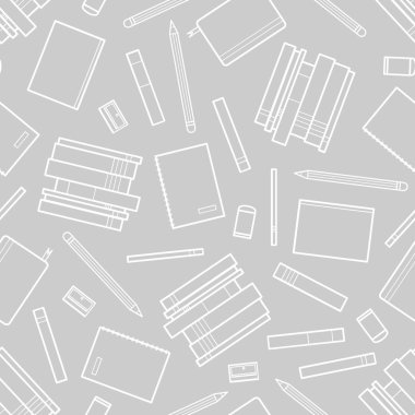 Kitap ve Kırtasiye gri arka plan üzerinde rasgele.