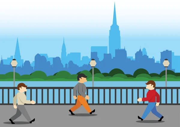 Απλή εικονογράφηση διάνυσμα κινουμένων σχεδίων, το περπάτημα στην πόλη — Διανυσματικό Αρχείο