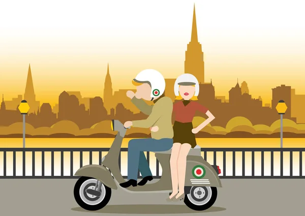 Illustration de dessin animé simple de scooter homme et femme au soleil — Image vectorielle