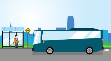 Basit iş kavramı çizimi bir otobüs otobüs durağında bekleyen bir iş adamı
