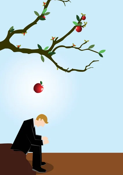 Eenvoudige zaken illustratie van een zakenman kreeg gevallen appel op zijn hoofd als een symboliek van ideeën — Stockvector