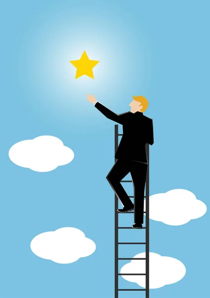 Ilustración de negocio simple de un hombre de negocios subir la escalera para llegar a la estrella como un síbolismo de éxito — Vector de stock