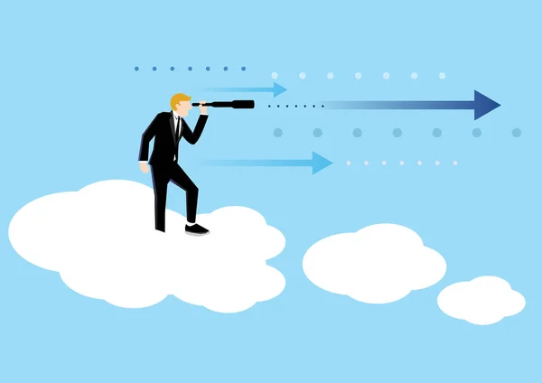 Простая бизнес-концепция иллюстрации бизнесмена, стоящего на облаке, чтобы увидеть будущее — стоковый вектор