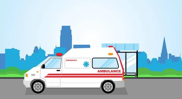 Enkla cartoon illustration av en ambulans i staden gatan — Stock vektor