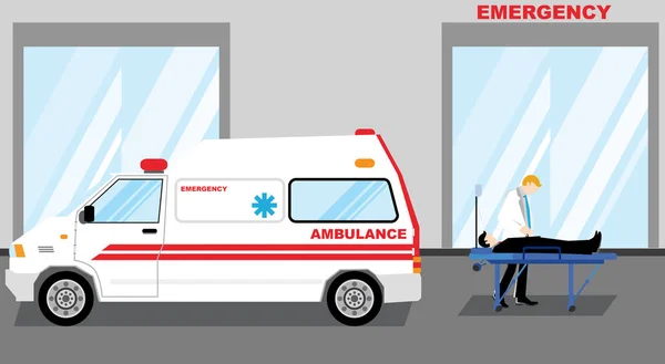 Simple ilustración de dibujos animados de un hombre ha llevado a la sala de emergencias con una ambulancia — Archivo Imágenes Vectoriales