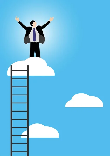 Simple business cartoon illustration of a businessman standing on cloud as a symbolism of success — Stock Vector