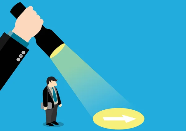 Simple business cartoon illustration of a businessman help by hand that use flashlight to guide him to see the direction. — Stock Vector