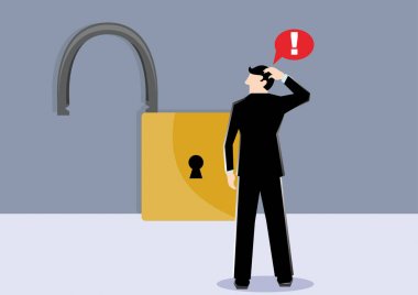 Basit iş karikatür illüstrasyon iş adamı şok bkz: kilidini güvenlik kilidi bir sembolizm untrust gibi güvenli olmayan ve güvenli olmayan