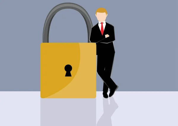 Kartun bisnis sederhana menggambarkan seorang pengusaha berdiri di sisi kunci keamanan sebagai simbol kepercayaan, aman dan aman - Stok Vektor