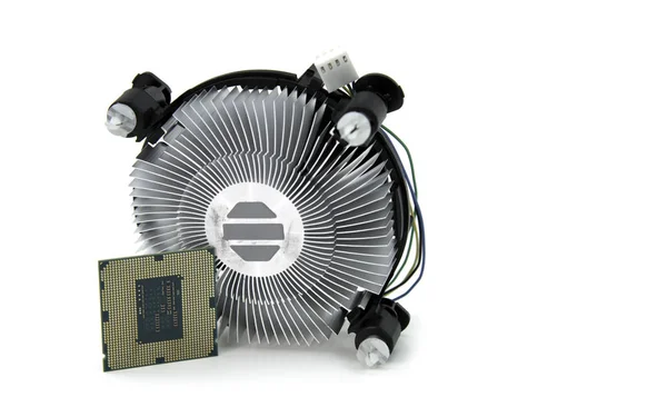 Image of Central Processing Unit and  CPU cooling fan isolated o — Stock Photo, Image