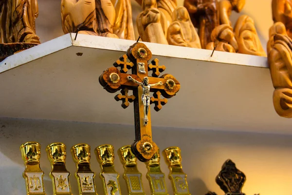 Fechar Objetos Religiosos Vendidos Uma Loja Lembranças Bazar Antiga Cidade — Fotografia de Stock