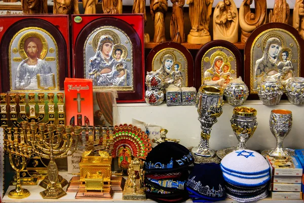 Closeup Religious Objects Sold Souvenirs Shop Bazaar Old City Jerusalem — Stock Photo, Image