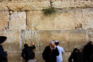 Bilinmeyen insanlar dua eden açık eski Kudüs şehri, sabah batı duvarı