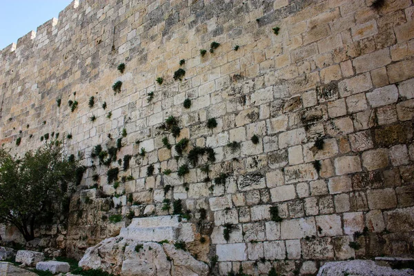 Primer Plano Del Muro Exterior Antigua Ciudad Jerusalén Israel — Foto de Stock