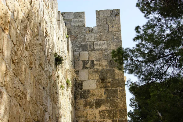 Closeup of the outer wall of the old city of Jerusalem in Israel