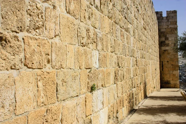 Closeup ของก าแพงด านนอกของเม องเก าของเยร ซาเล มในอ สราเอล — ภาพถ่ายสต็อก