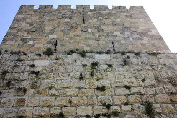 Closeup of the outer wall of the old city of Jerusalem in Israel