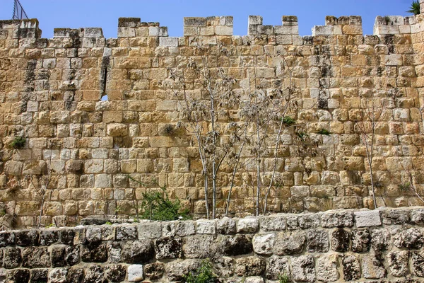 Closeup of the outer wall of the old city of Jerusalem in Israel