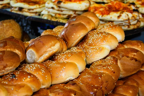 Nahaufnahme Verschiedener Brote Und Gebäck Die Einer Bäckerei Israel Verkauft — Stockfoto