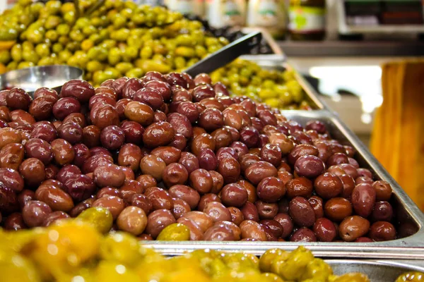 Fechar Balcão Azeitonas Mercado Mahane Yehuda Jerusalém Israel — Fotografia de Stock