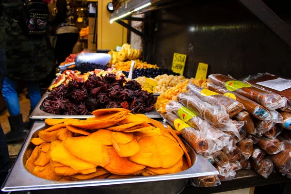Dried fruits counter at the Mahane Yehuda Market in Jerusalem Israel