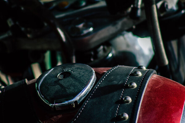 Tel Aviv Israel December 25, 2019 Closeup of a motorcycle parked in the streets of Tel Aviv in the morning