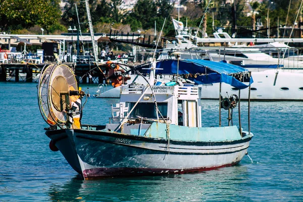 Paphos Chipre Março 2020 Vista Barcos Atracados Porto Paphos Tarde — Fotografia de Stock